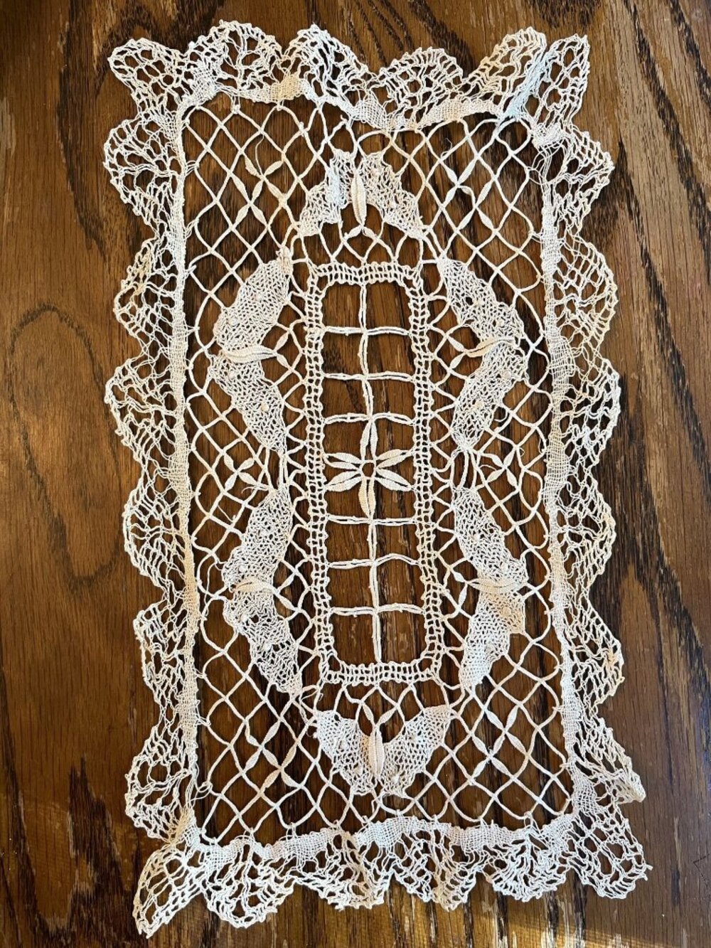 Vintage Hand Crocheted Doily With Intricate Butterfly Design Ivory White 15"x9"